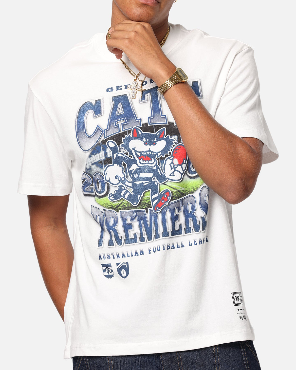 Mitchell & Ness Geelong Cats Mascot T-Shirt Vintage White