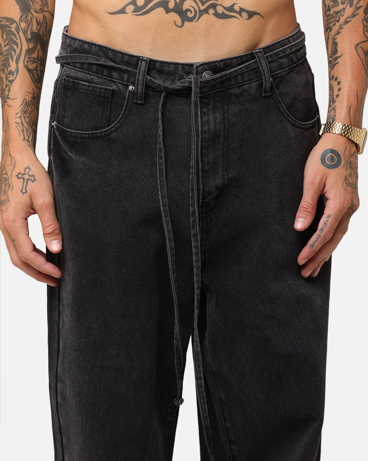 XXIII Tie Lace Baggy Jeans Black Stonewash