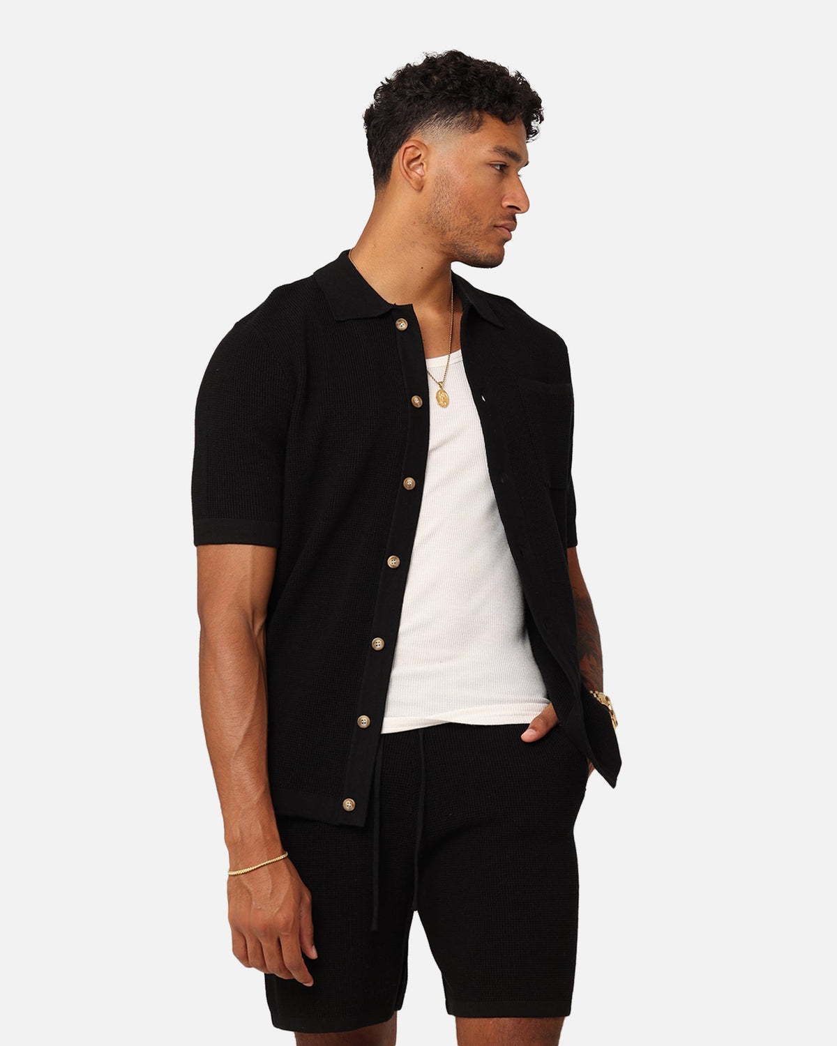 XXIII Zyair Knit Rib Button Up Shirt Black