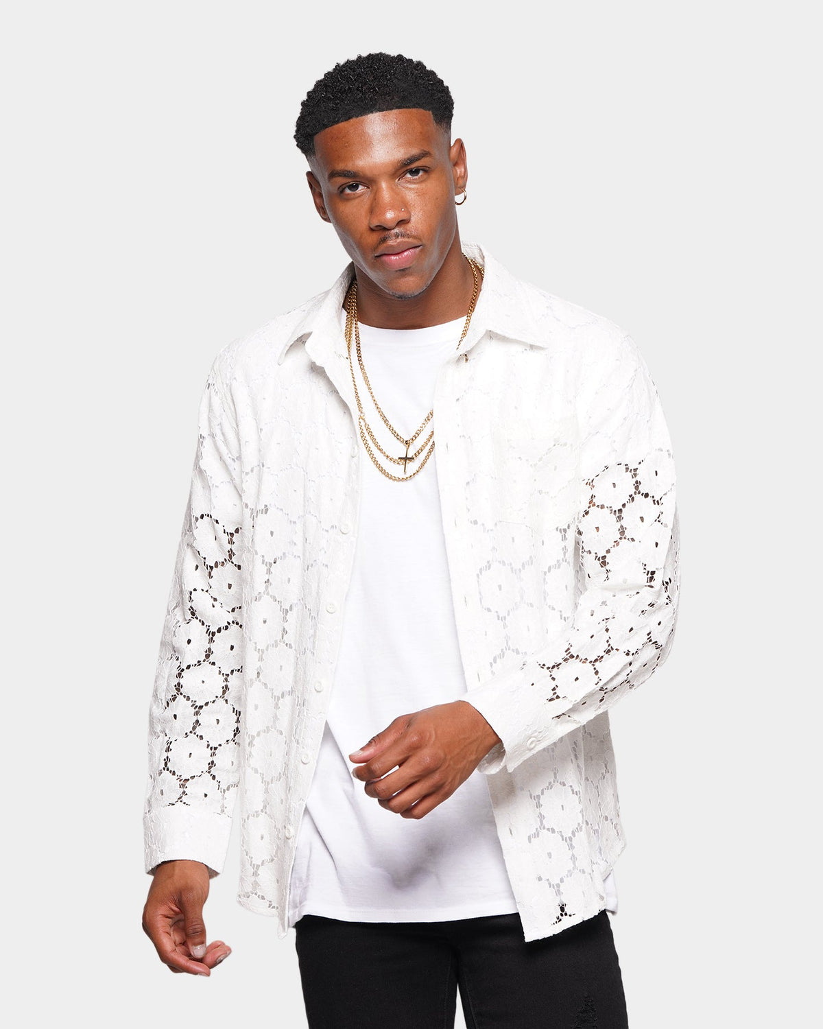 XXIII Cedric Lace Button Up Shirt White
