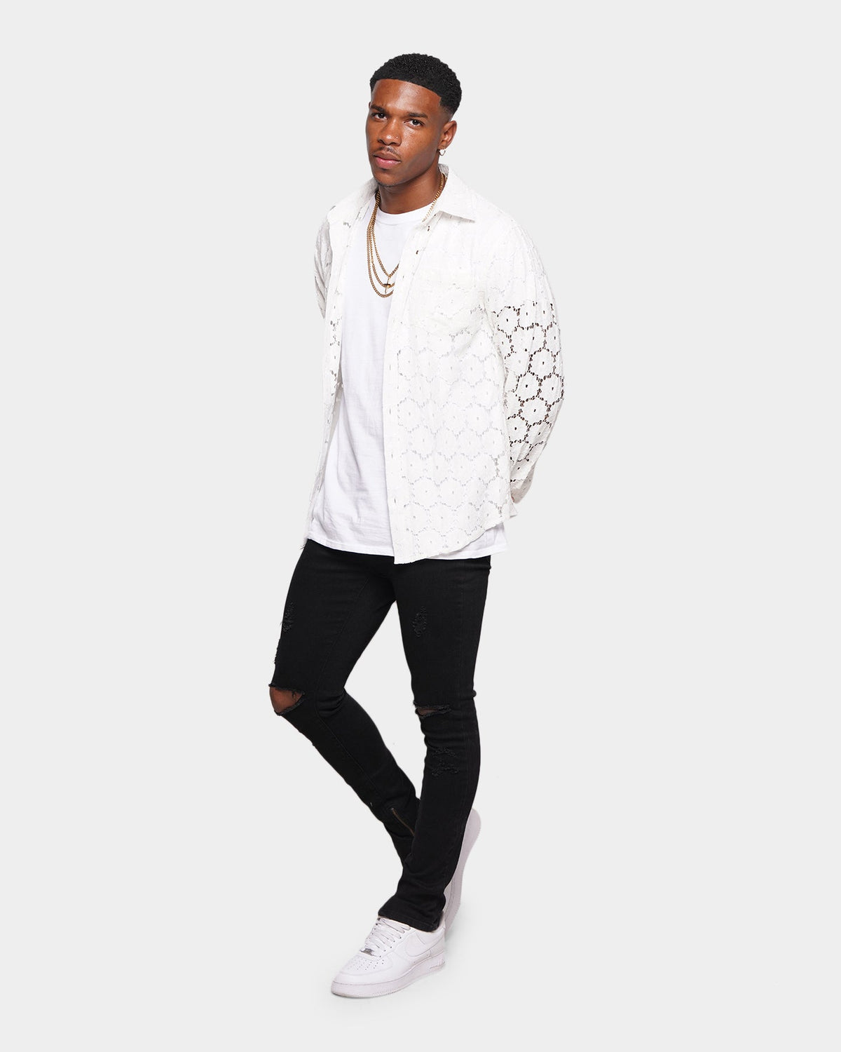 XXIII Cedric Lace Button Up Shirt White
