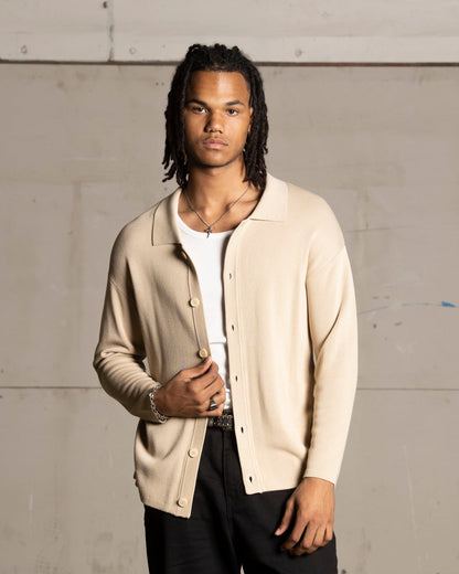 Saint Morta Knitted Long Sleeve Button Up Shirt Tan