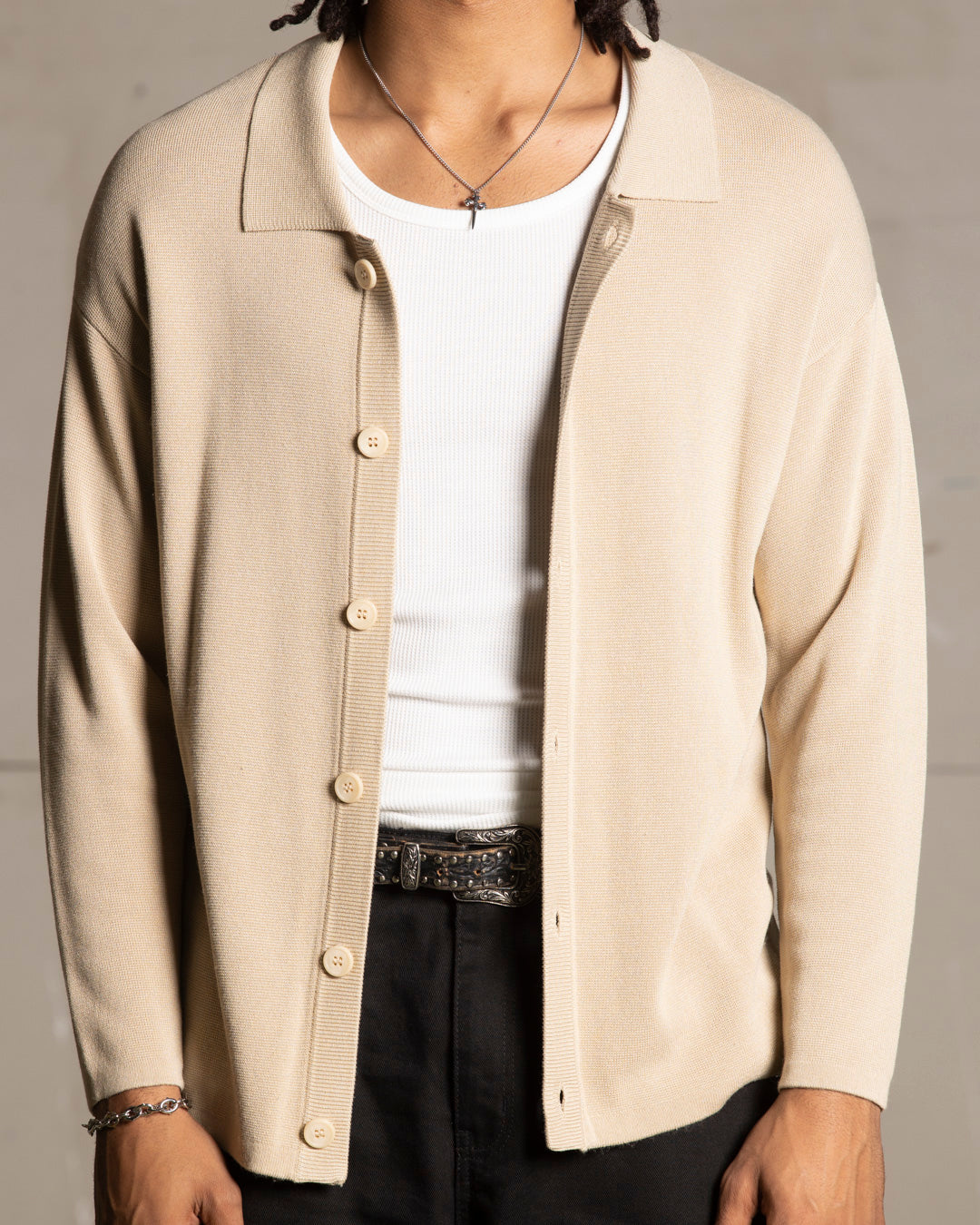 Saint Morta Knitted Long Sleeve Button Up Shirt Tan