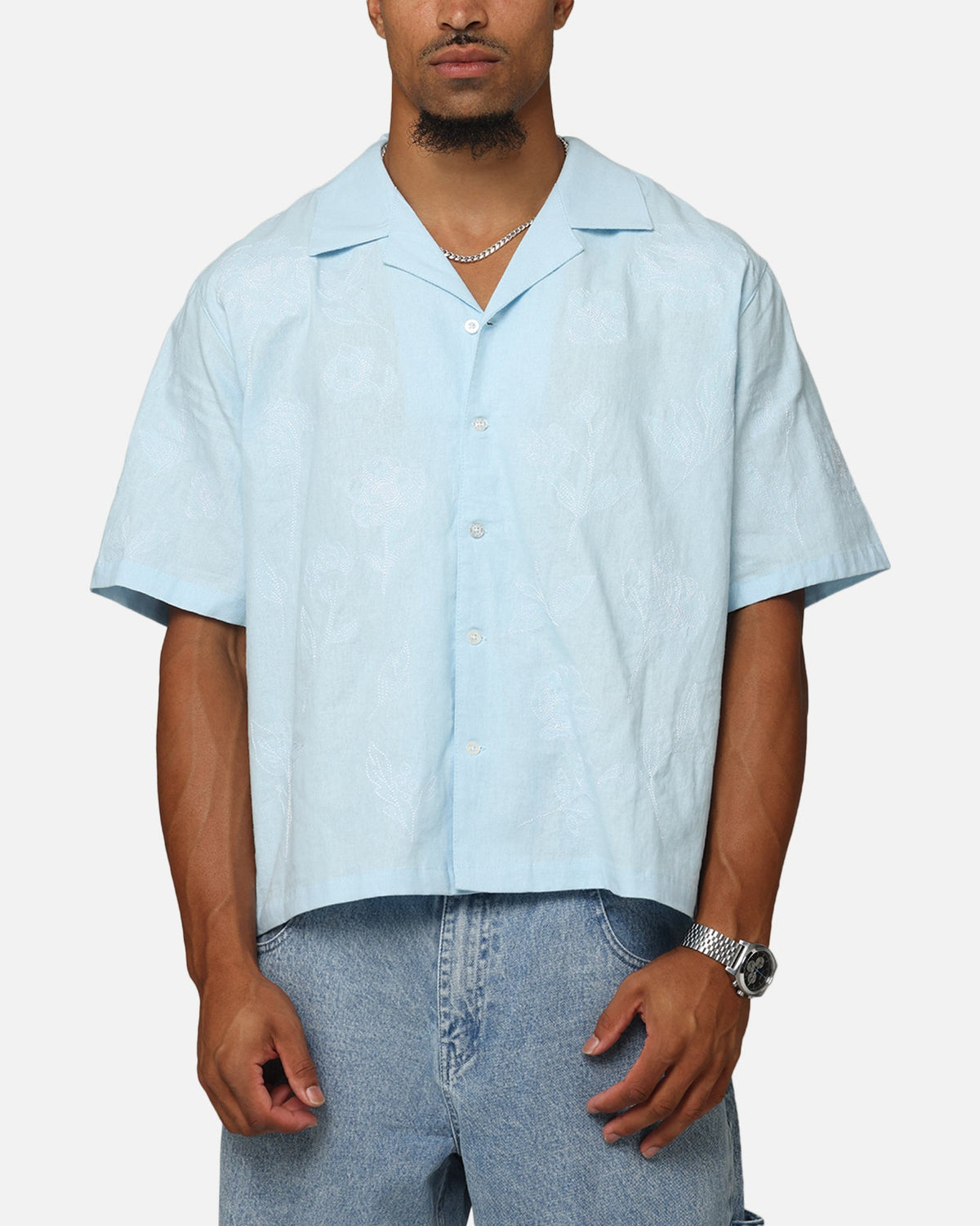 Carre Posy Button Up Shirt Light Blue/White
