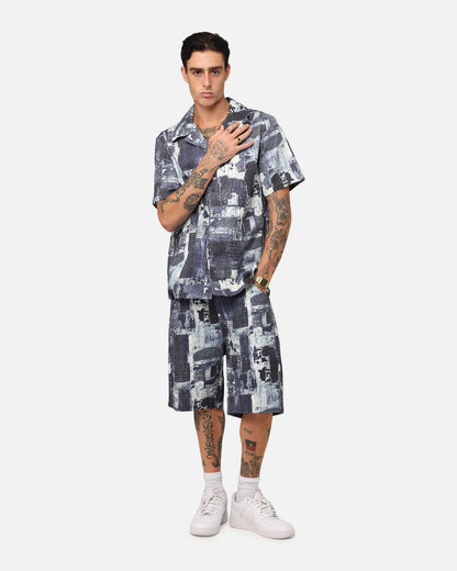 XXIII Printed Denim Patch Button Up Shirt Blue