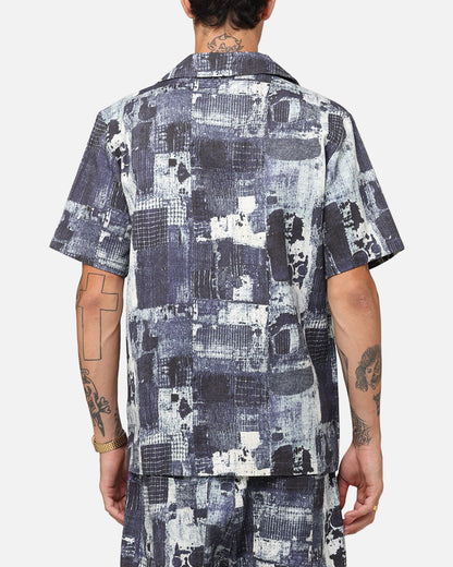 XXIII Printed Denim Patch Button Up Shirt Blue