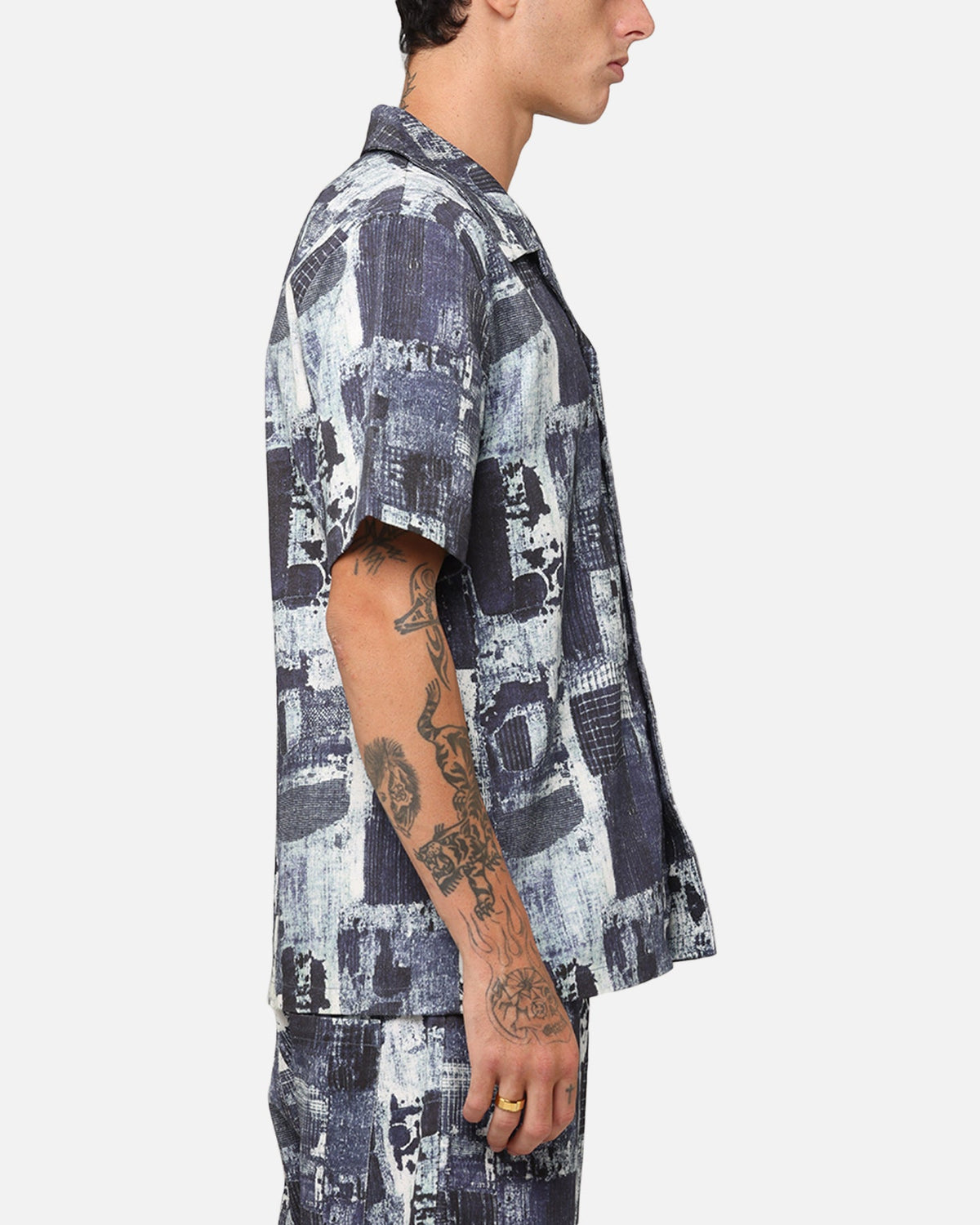 XXIII Printed Denim Patch Button Up Shirt Blue