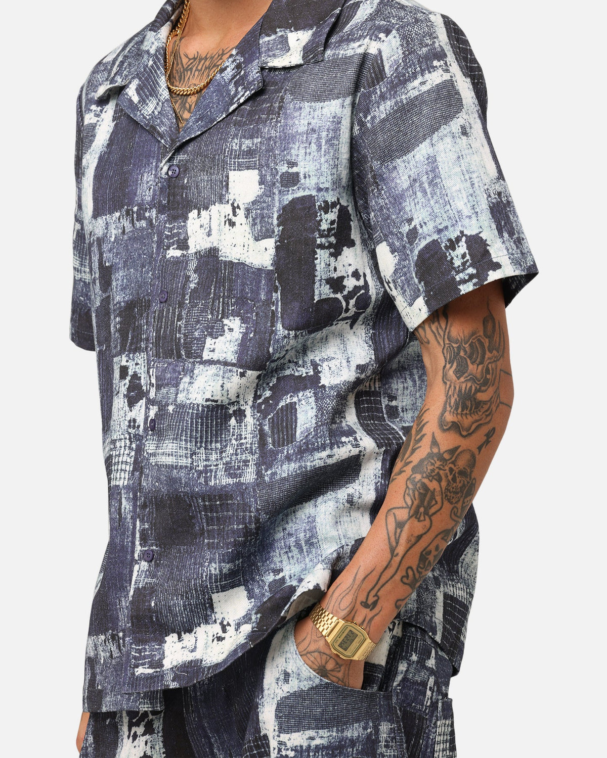 XXIII Printed Denim Patch Button Up Shirt Blue