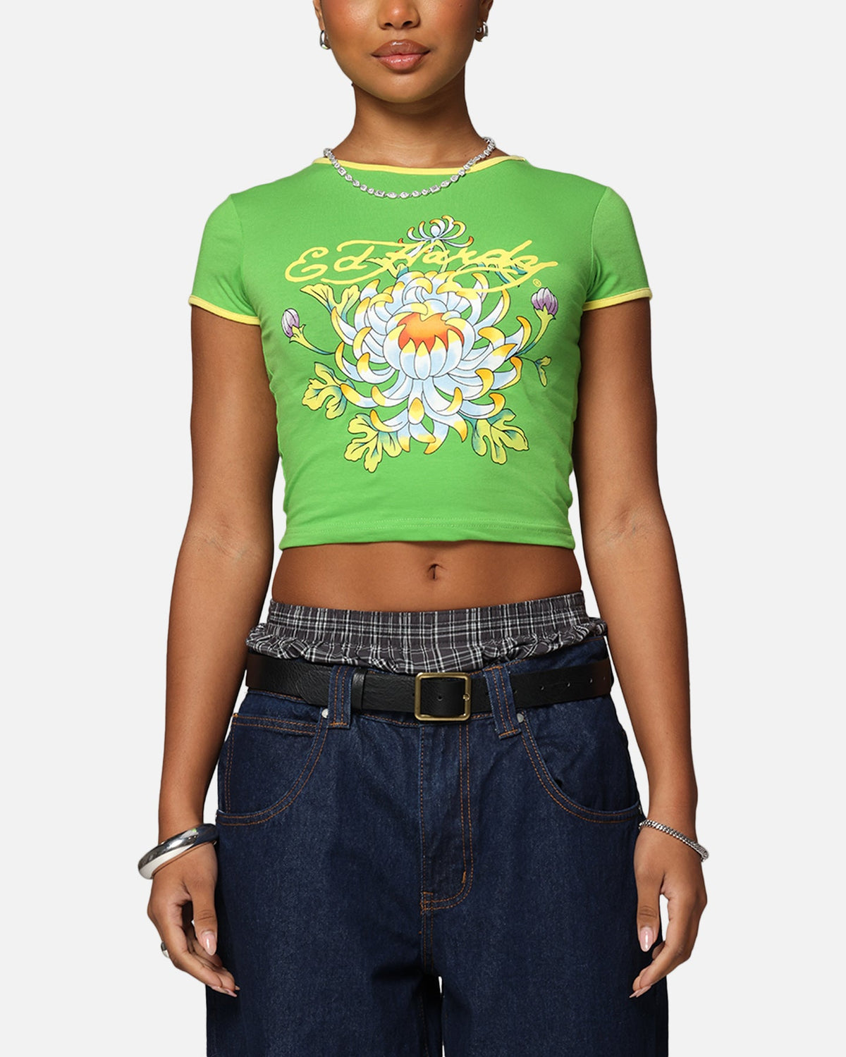 Ed Hardy Women's Blooming Baby Ringer T-Shirt Green/Yellow