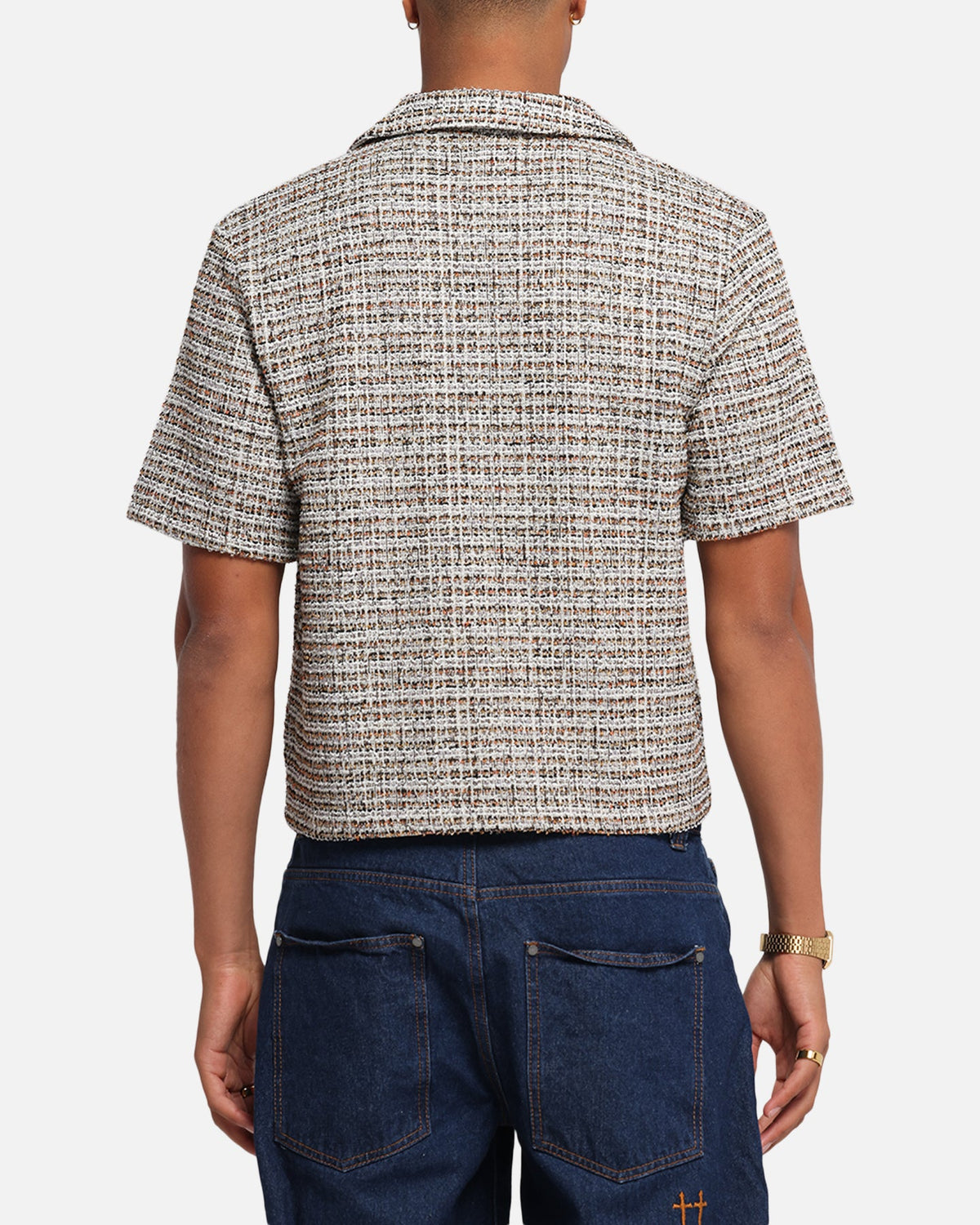 XXIII Boucle Tweed Crop Button Up Shirt Cream/Brown