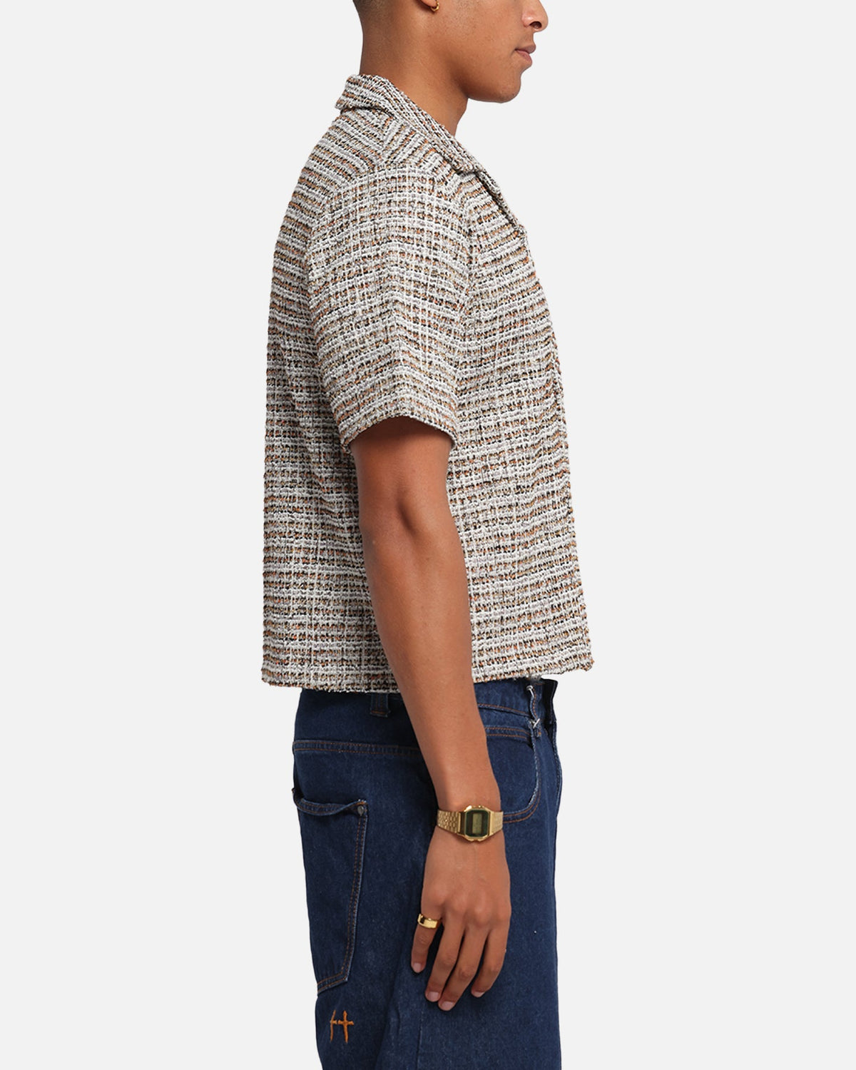 XXIII Boucle Tweed Crop Button Up Shirt Cream/Brown