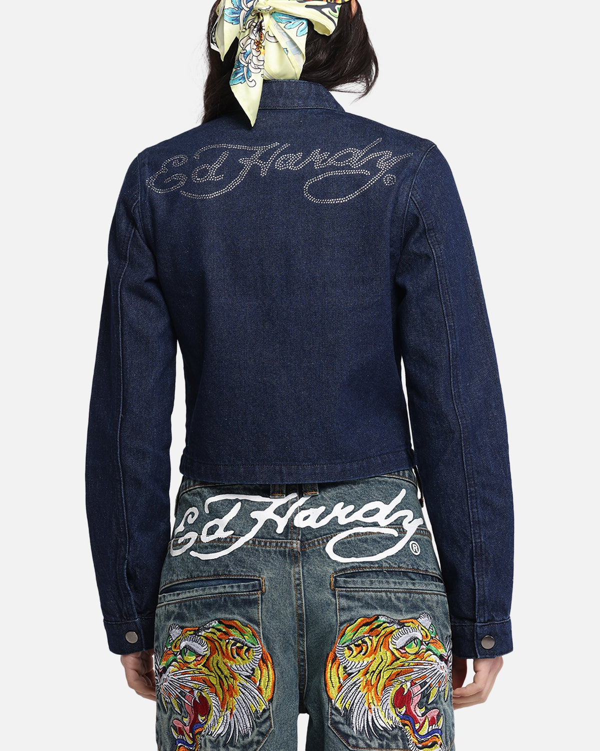 Ed Hardy Women's Cropped Denim Biker Jacket Indigo Denim