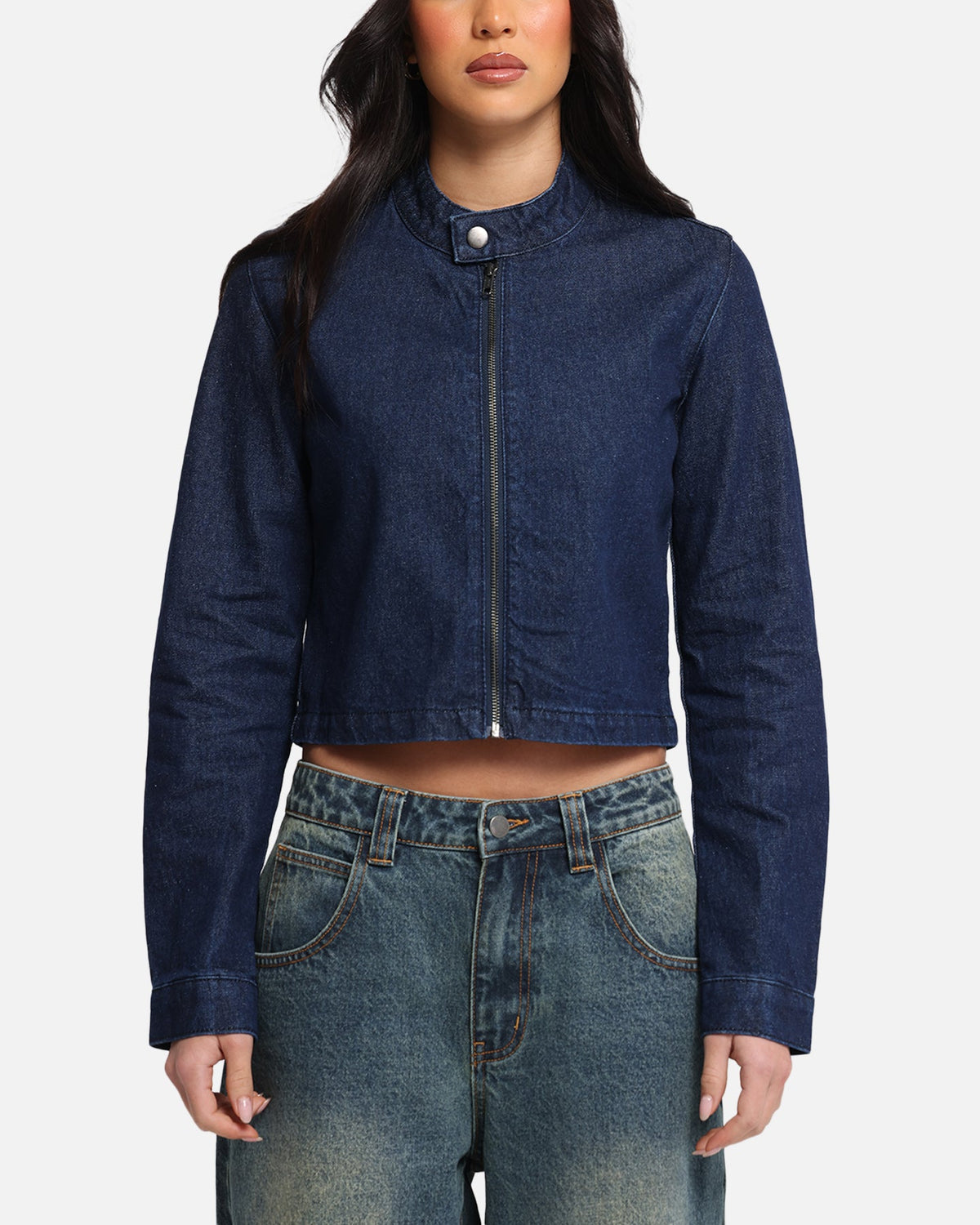 Ed Hardy Women's Cropped Denim Biker Jacket Indigo Denim