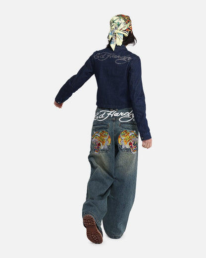 Ed Hardy Women's Cropped Denim Biker Jacket Indigo Denim