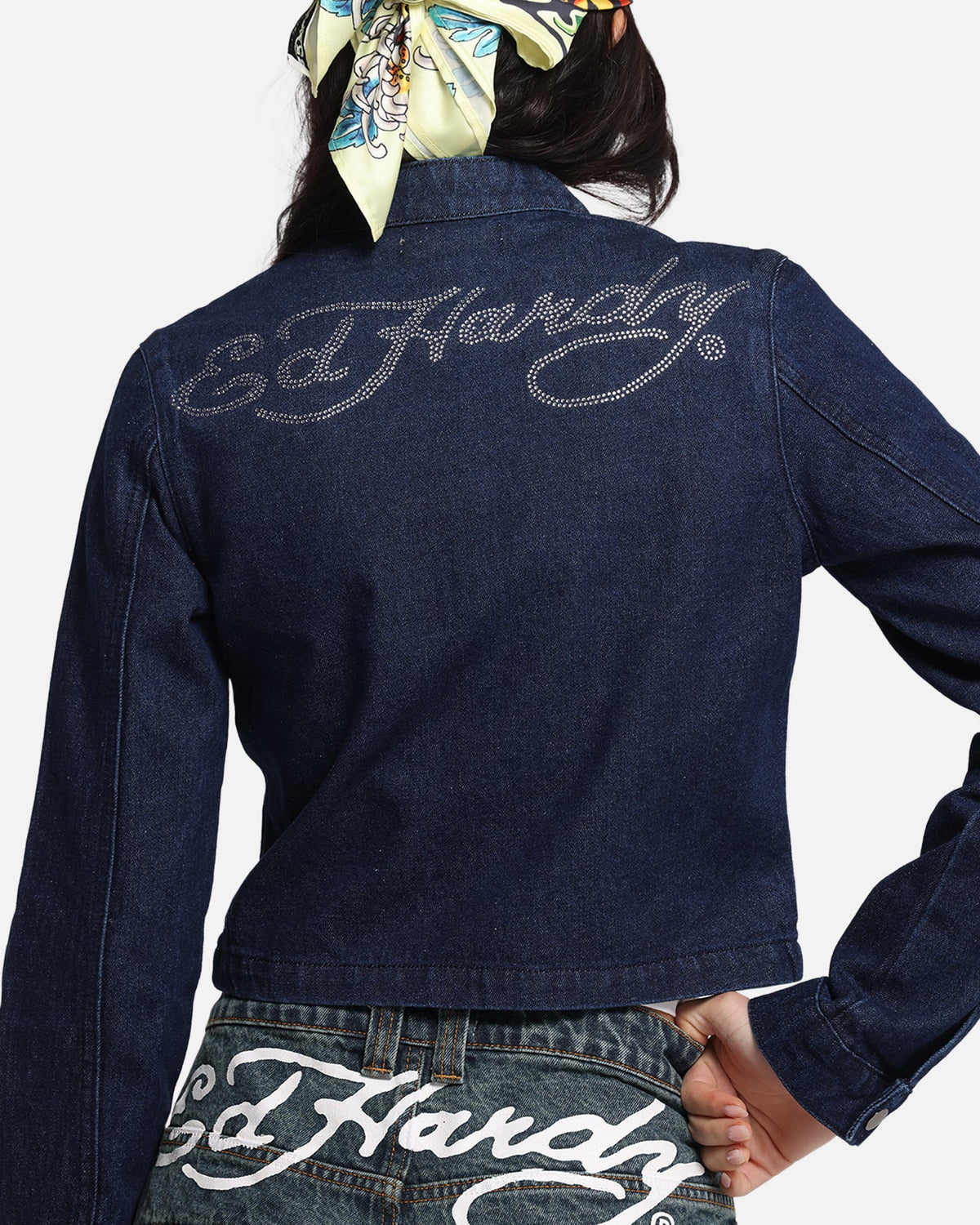Ed Hardy Women's Cropped Denim Biker Jacket Indigo Denim