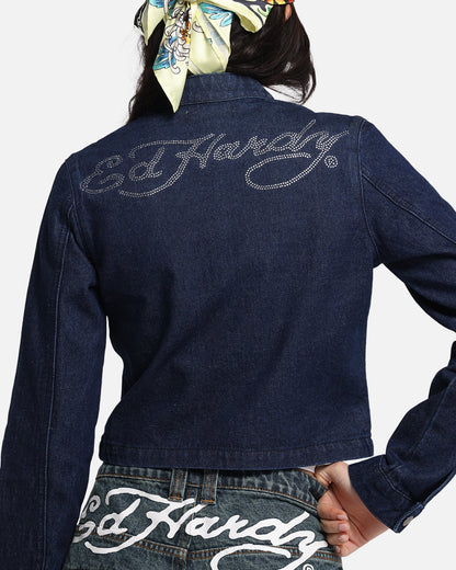 Ed Hardy Women's Cropped Denim Biker Jacket Indigo Denim