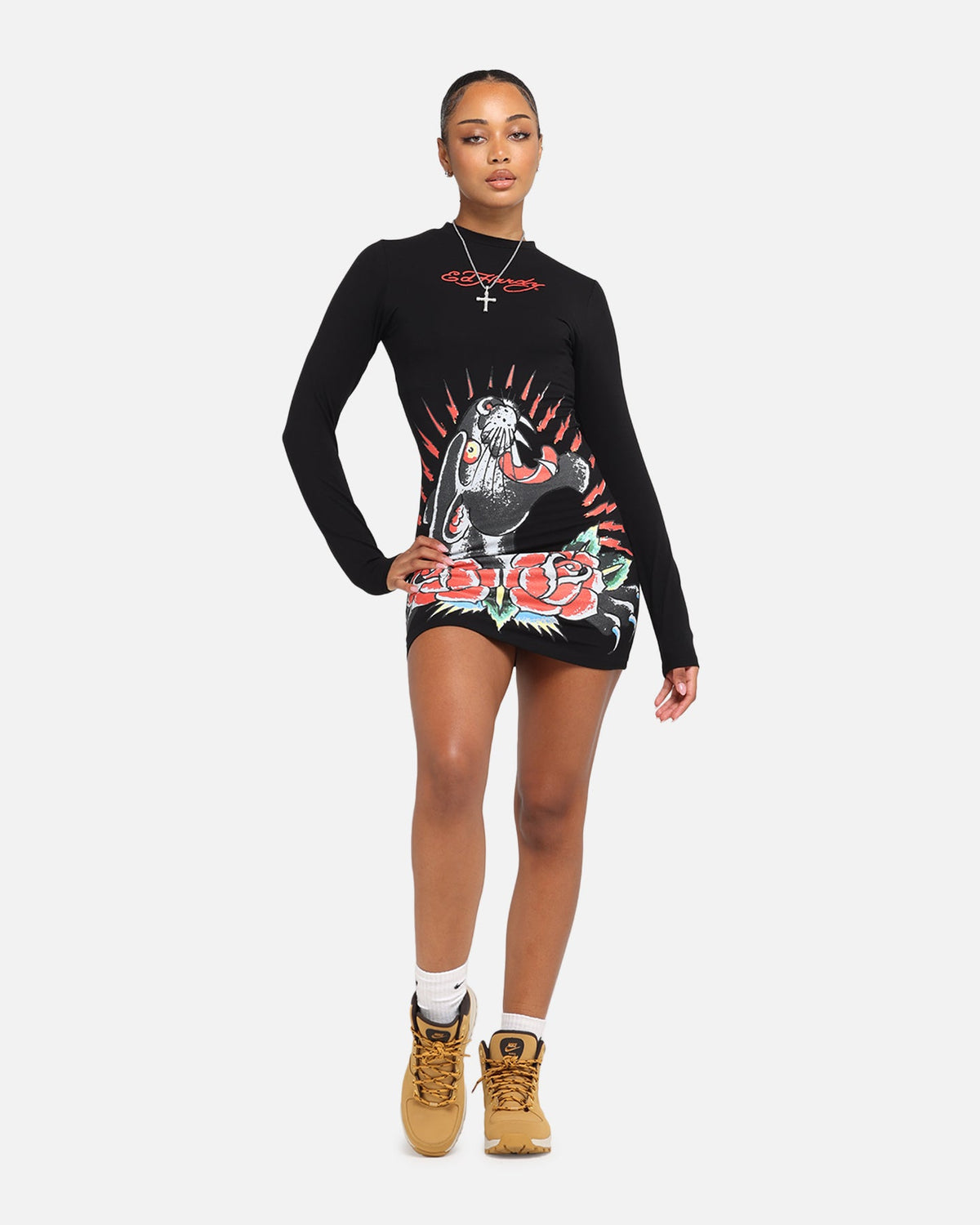 Ed Hardy Women's Panther Long Sleeve Dress Black
