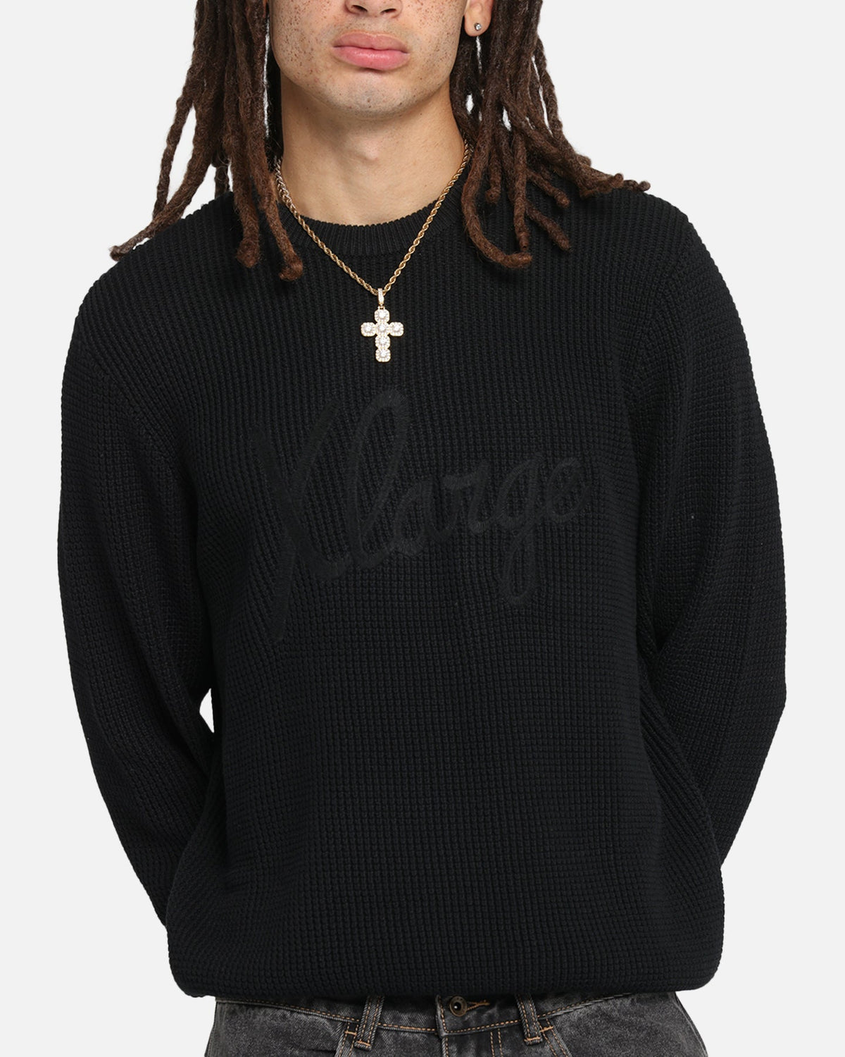 X-Large Script Waffle Knit Sweater Black