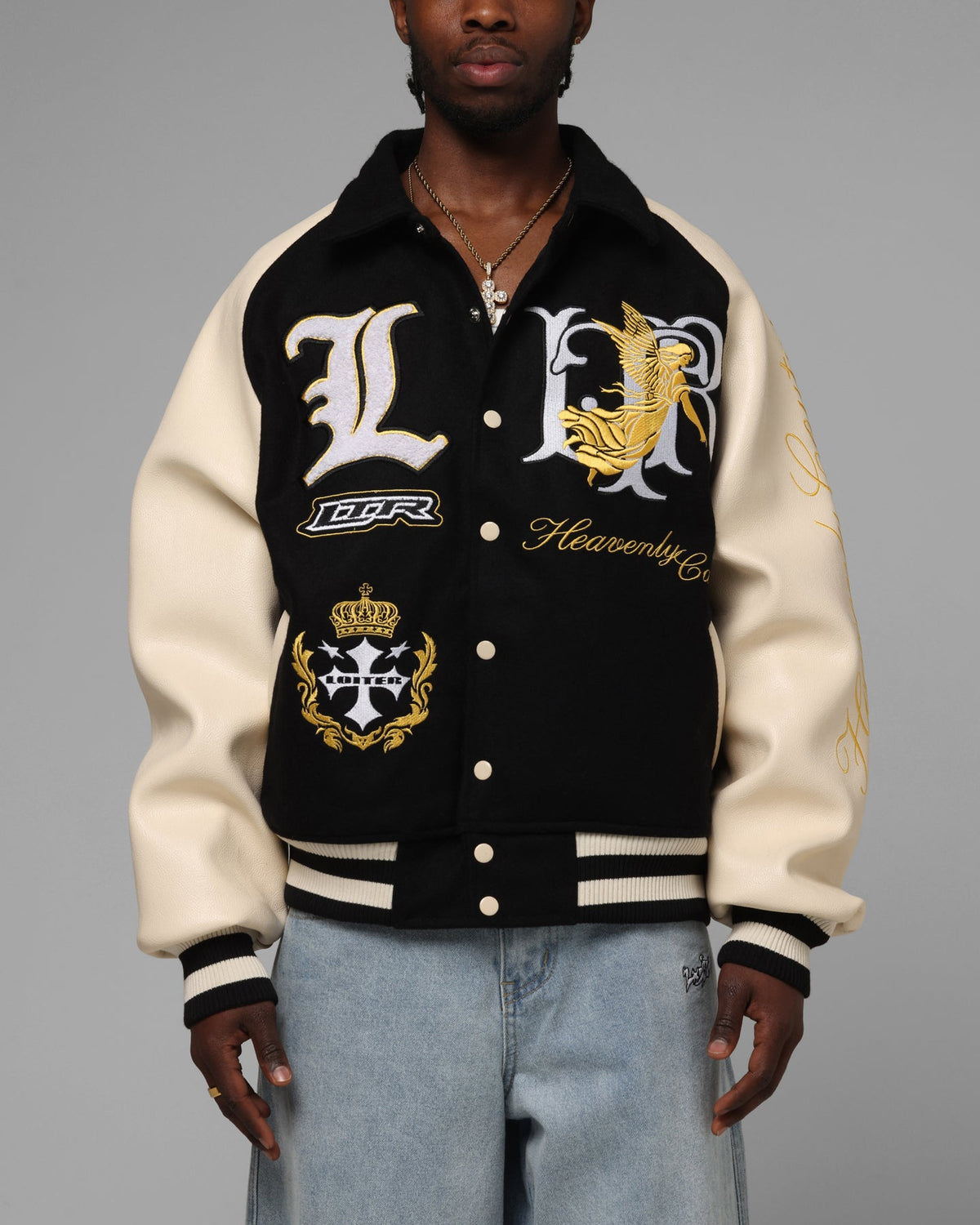 Loiter Heaven Varsity Jacket Black/Off White