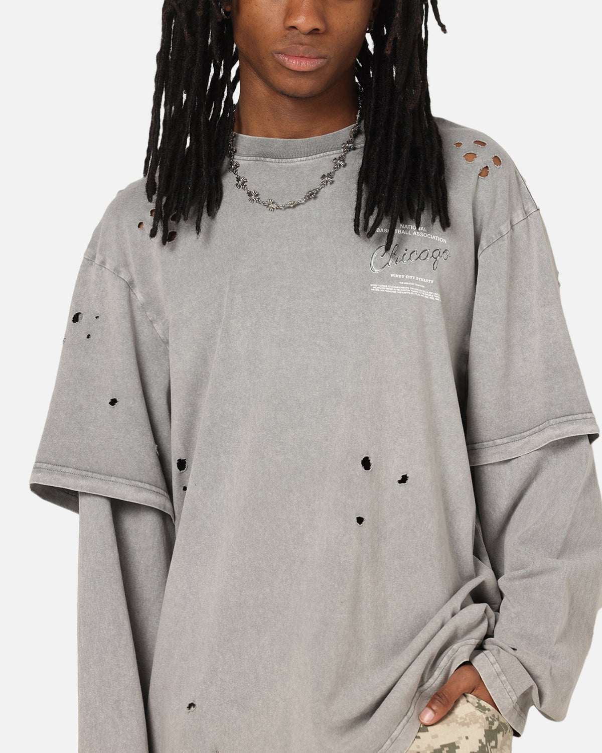 Mitchell & Ness Chicago Bulls Chromed Mock Long Sleeve T-Shirt Gunmental Grey