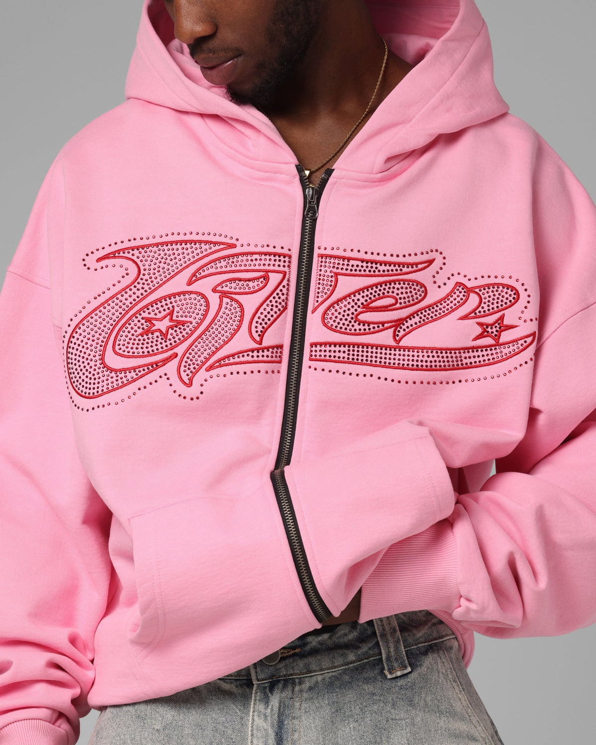 Loiter Silicone Rhinestone Zip Hoodie Pink