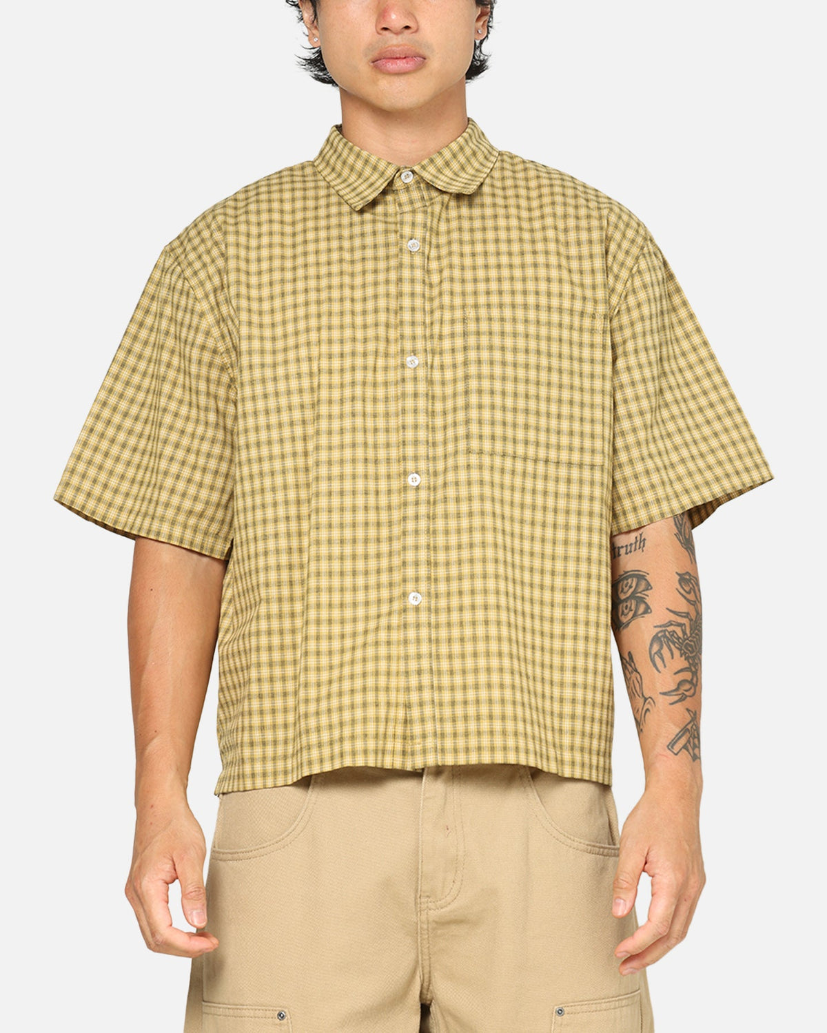 Carre Checkered Boxy Button Up Shirt Yellow Check