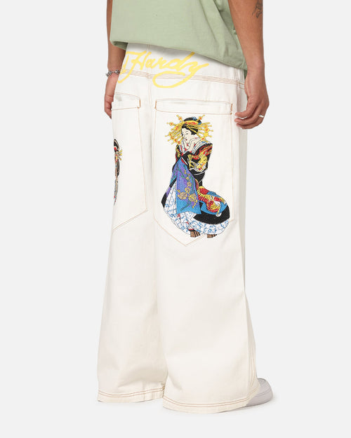 Ed Hardy Ultra Wide Leg Denim Jeans Off White/Yellow