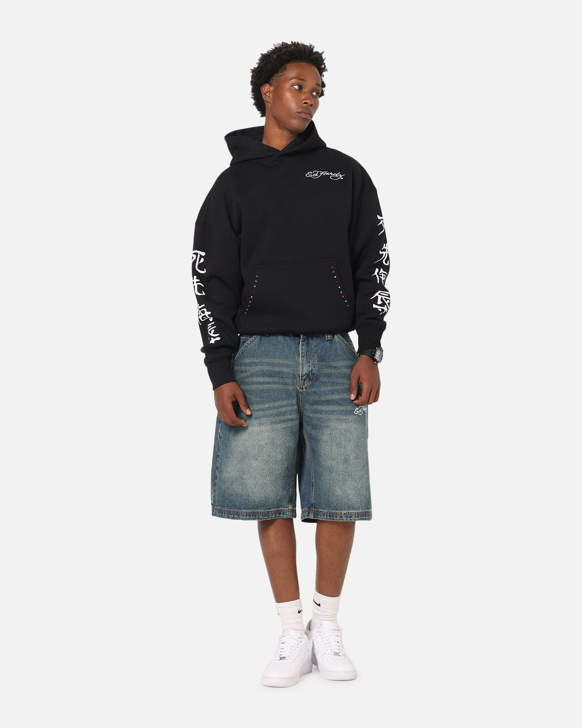 Ed Hardy Brave Hearts Jorts Washed Indigo