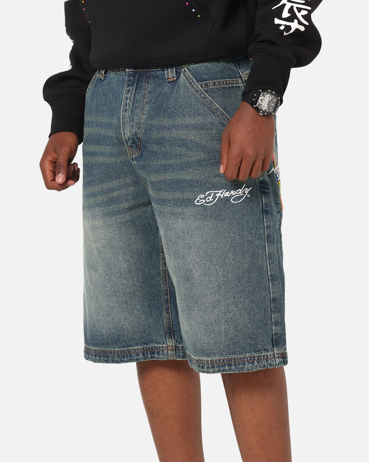 Ed Hardy Brave Hearts Jorts Washed Indigo