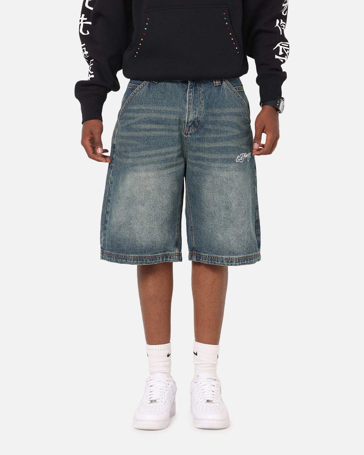 Ed Hardy Brave Hearts Jorts Washed Indigo