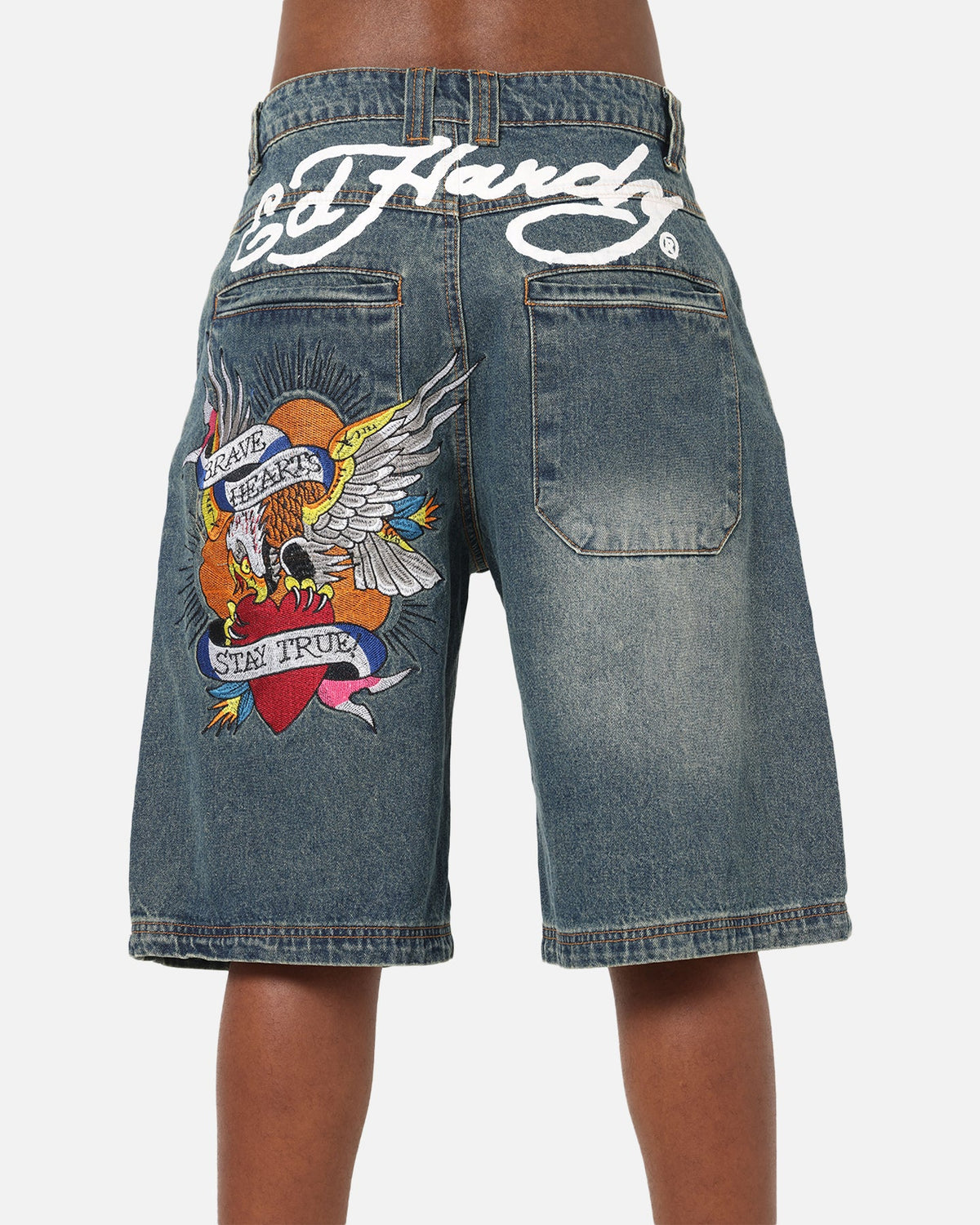 Ed Hardy Brave Hearts Jorts Washed Indigo