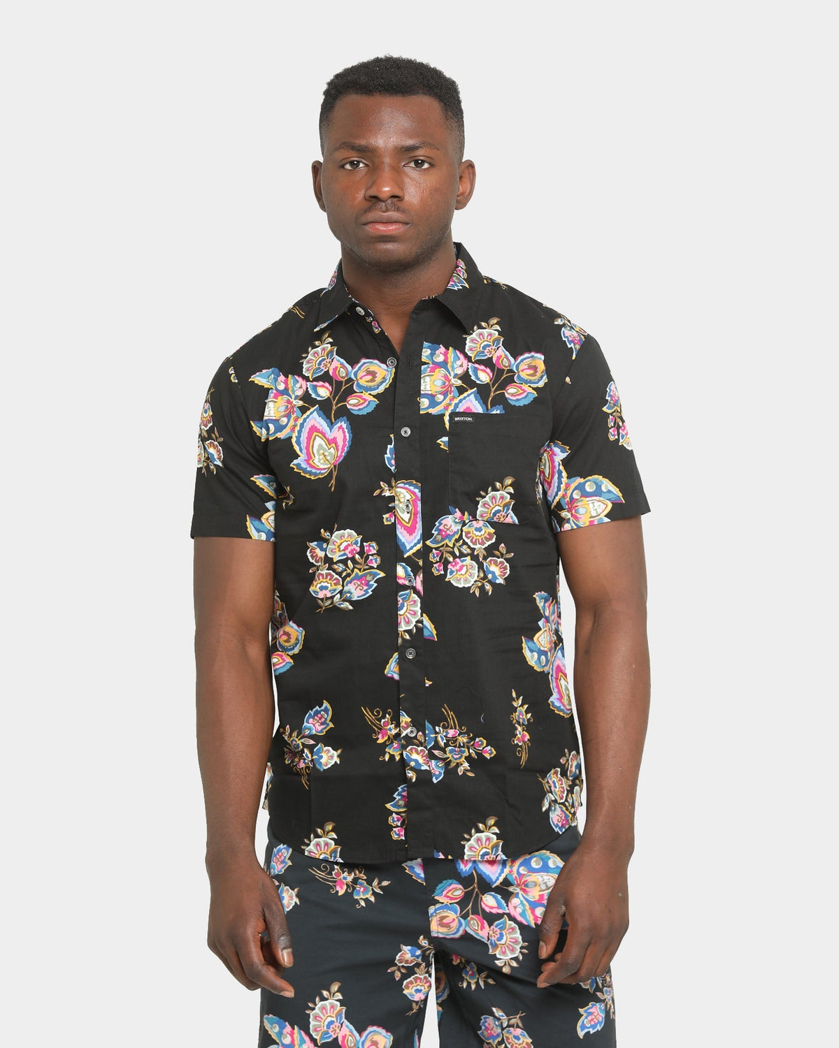 Brixton Charter Print Short Sleeve Woven Shirt Black/Purple