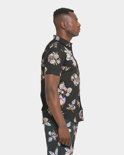Brixton Charter Print Short Sleeve Woven Shirt Black/Purple